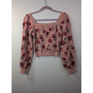 Willow‎ & Wind Women's Floral Rose Sweater Cropped Puff Sleeve Medium Scalloped